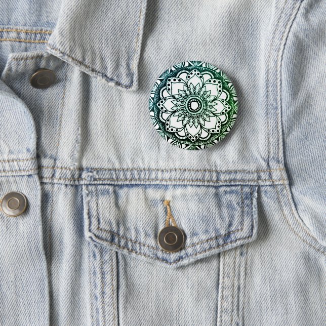 Badge Rond 5 Cm Bouton Mandala bleu et vert (En situation)
