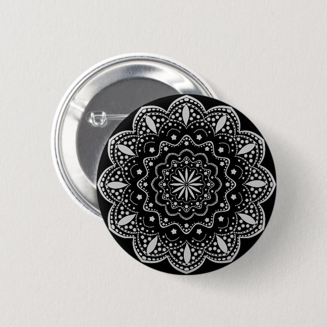 Badge Rond 5 Cm Bouton Mandala | Noir et Gris (Devant & derrière)