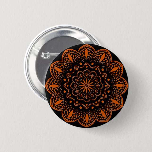 Badge Rond 5 Cm Bouton Mandala | Noir et Orange (Devant & derrière)