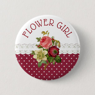 Badge Rond 5 Cm Bouton Mariage Rose FLEURS FILLES Bourgogne