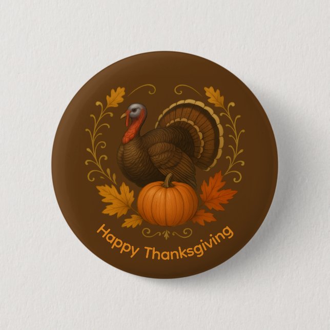Badge Rond 5 Cm Bouton marron - Joyeux Thanksgiving (Devant)
