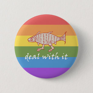 Badge Rond 5 Cm Bouton Médiéval Walking Fish sur Rainbow Stripes