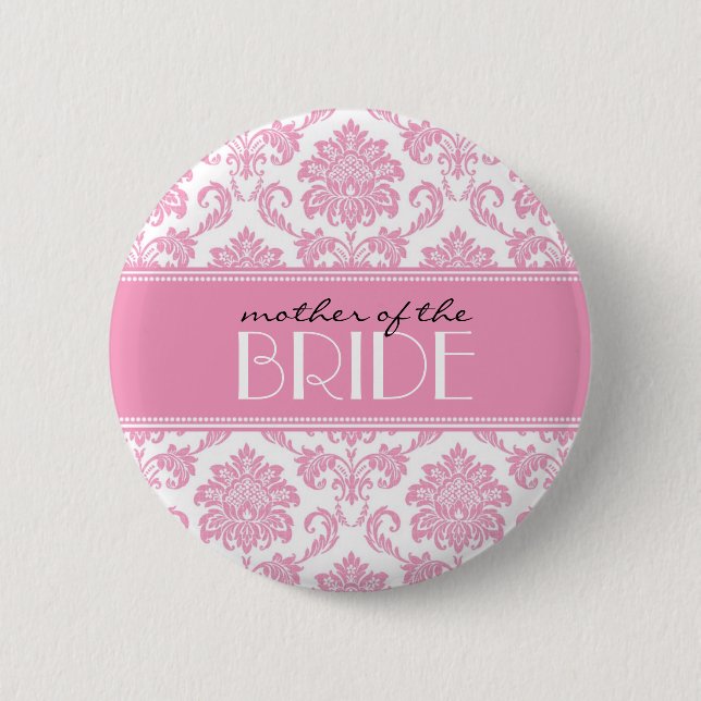 Badge Rond 5 Cm Bouton Mère de la mariée Damask en rose (Devant)