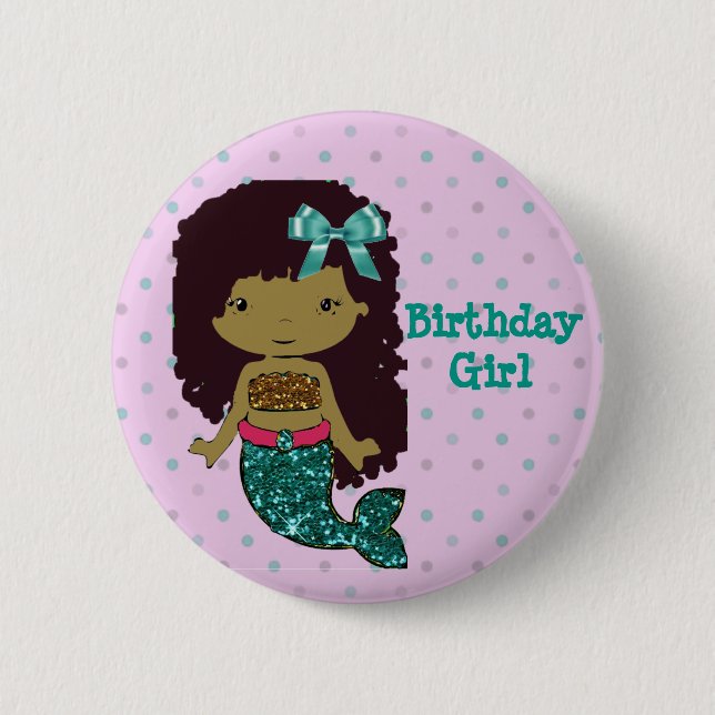 Badge Rond 5 Cm Bouton Mermaid Thème "Fille d'anniversaire" (Devant)