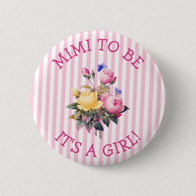 Badge Rond 5 Cm Bouton MIMI pour Baby shower floral rose (Devant)
