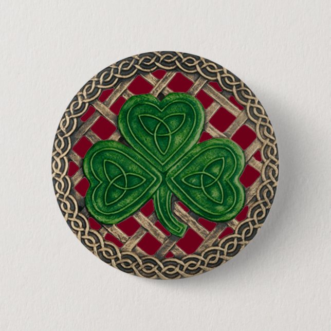Badge Rond 5 Cm Bouton Noeuds shamrock Et Celtique Rouge (Devant)