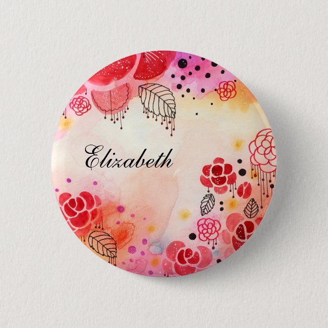 Badge Rond 5 Cm Bouton Nom personnalisé Blooms rouges (Devant)
