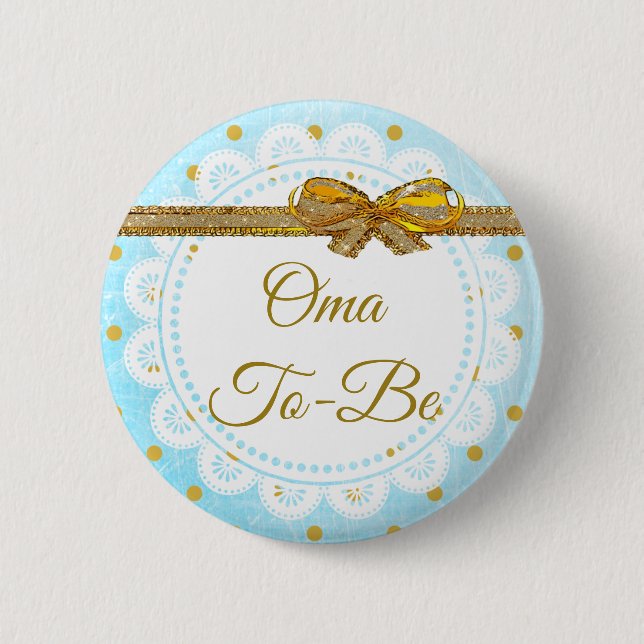Badge Rond 5 Cm Bouton Oma pour être Baby shower Bleu & Or (Devant)