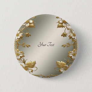 Badge Rond 5 Cm Bouton Orné Floral Blanc Doré