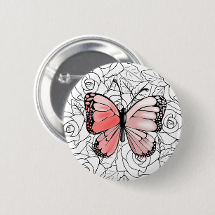 Badge Rond 5 Cm Bouton Papillon rose