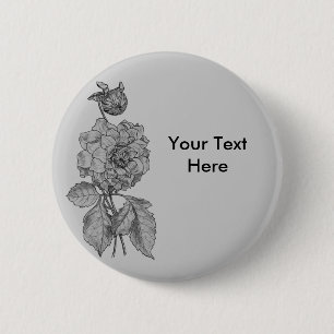 Badge Rond 5 Cm Bouton personnalisable Argent Peony Flower Sur Gri
