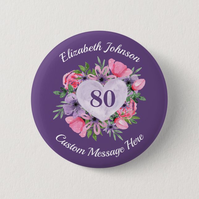 Badge Rond 5 Cm Bouton personnalisé violet 80e anniversaire (Devant)