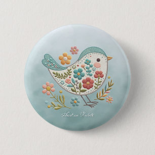 Badge Rond 5 Cm Bouton Petite Oiseau bleu rose Fleurs