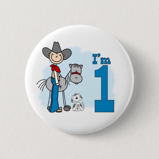 Badge Rond 5 Cm Bouton Pinback Stick Cowboy 1er Anniversaire (Devant)