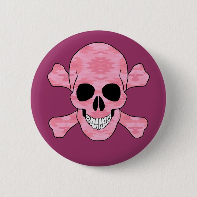 Badge Rond 5 Cm Bouton Pink Camouflage Et Crâne Crossbones (Devant)