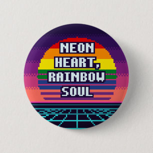 Badge Rond 5 Cm Bouton pixel Pride Cœur néon, âme arc-en-ciel