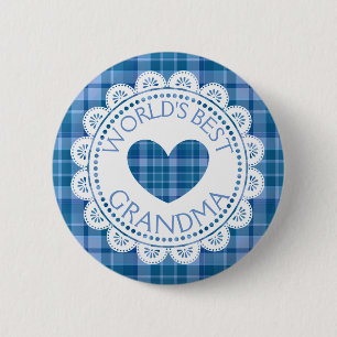 Badge Rond 5 Cm Bouton Plaid Bleu Meilleur Grand-Mère Du Monde