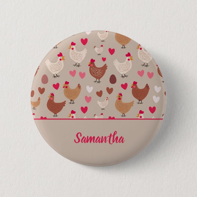 Badge Rond 5 Cm Bouton Poulet et Coeurs (Devant)