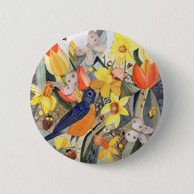 Badge Rond 5 Cm Bouton Robin et Daffodiques (Devant)