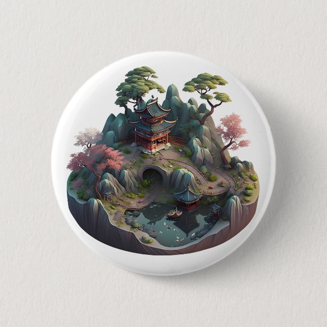 Badge Rond 5 Cm Bouton rond paysage 3D Imaginaire chinois mignon (Devant)