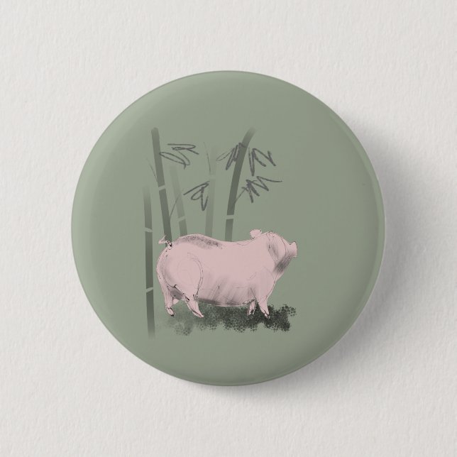 Badge Rond 5 Cm Bouton rond Pig et Bambou de dessin original (Devant)