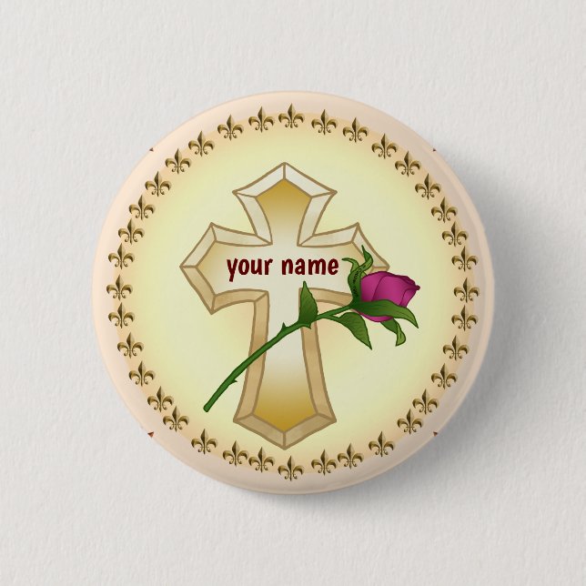 Badge Rond 5 Cm Bouton Rose Christian Cross (Devant)