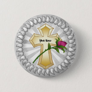 Badge Rond 5 Cm Bouton rose Christian Cross