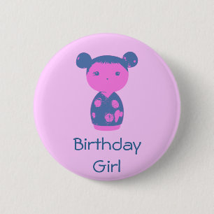 Badge Rond 5 Cm Bouton rose de bleu de Kokeshi