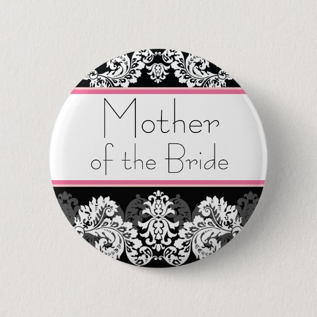 Badge Rond 5 Cm Bouton rose et noir de partie de mariage damassé (Devant)