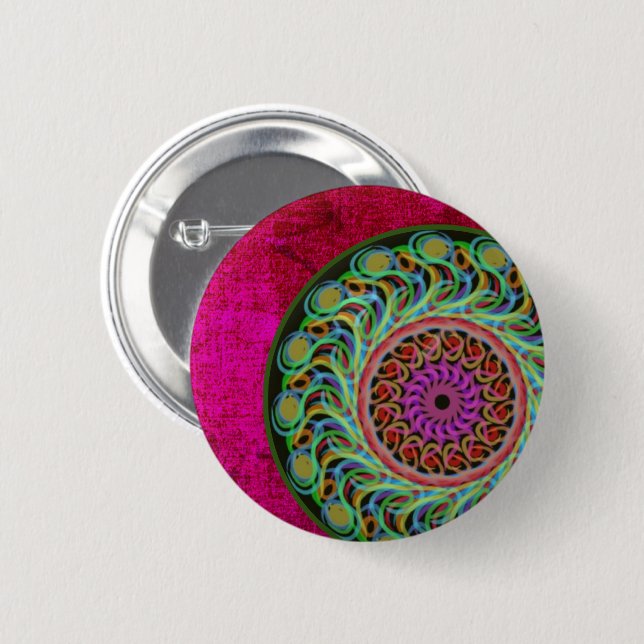 Badge Rond 5 Cm Bouton rose et vert Mandala Pin (Devant & derrière)