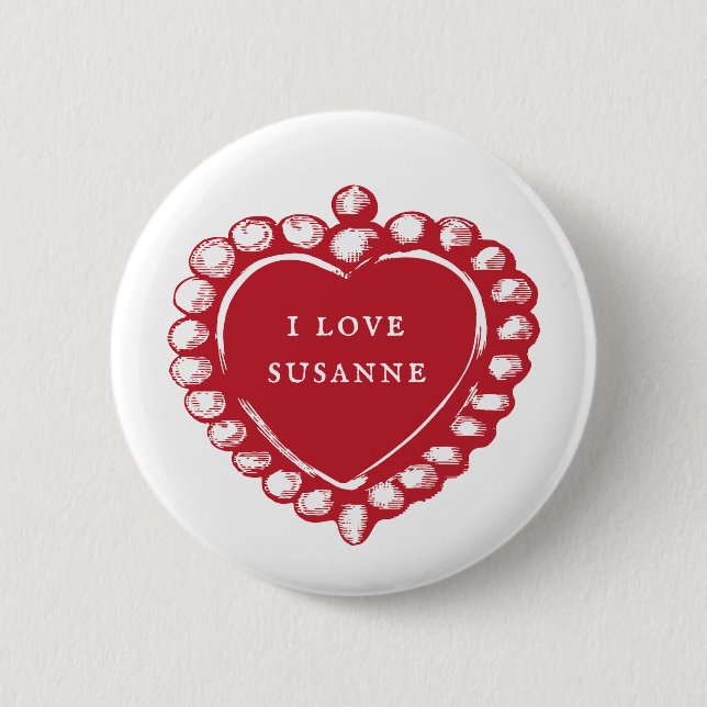 Badge Rond 5 Cm Bouton Rouge Coeur Personnalisé Nom I Love (Devant)