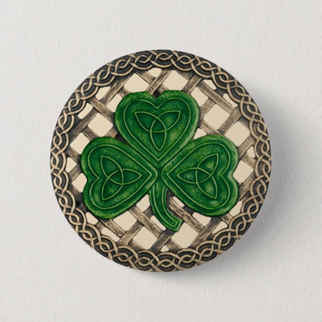 Badge Rond 5 Cm Bouton shamrock Et Noeuds Celtiques Beige (Devant)
