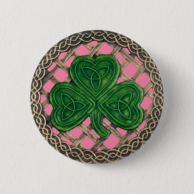 Badge Rond 5 Cm Bouton shamrock Et Noeuds Celtiques Rose (Devant)