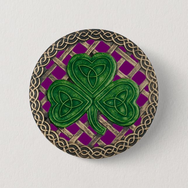 Badge Rond 5 Cm Bouton shamrock Et Noeuds Celtiques Violet (Devant)