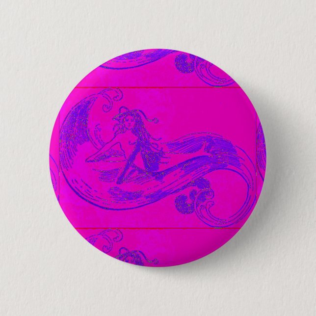 Badge Rond 5 Cm bouton sirène à vague rose (Devant)