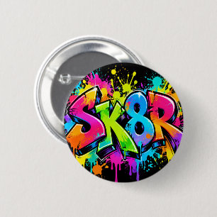 Badge Rond 5 Cm Bouton SK8R Neon Graffiti – Art Coloré de Skateur