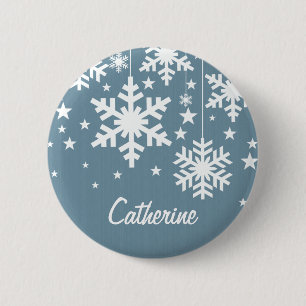 Badge Rond 5 Cm Bouton Snowflakes et Stars, Bleu