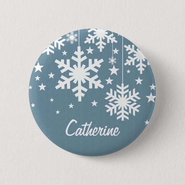 Badge Rond 5 Cm Bouton Snowflakes et Stars, Bleu (Devant)