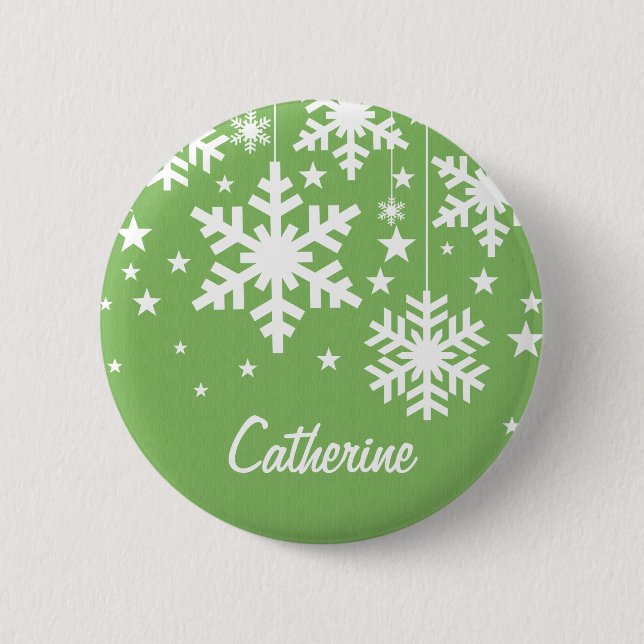 Badge Rond 5 Cm Bouton Snowflakes et Stars, Vert (Devant)