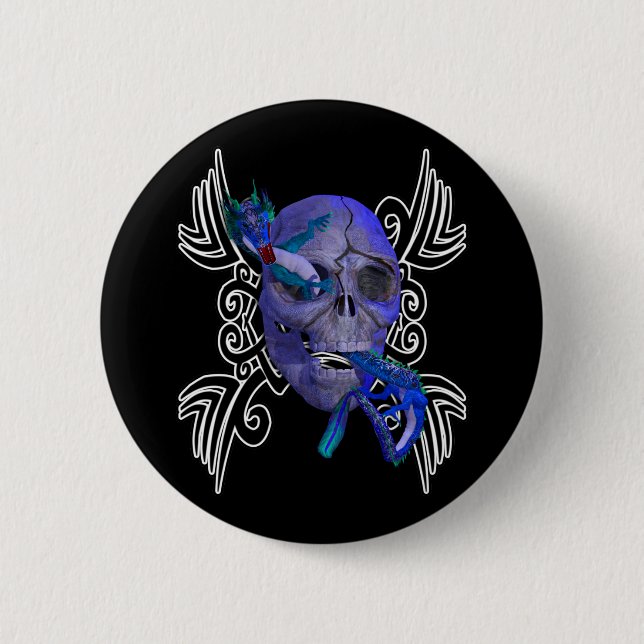 Badge Rond 5 Cm Bouton tatouage crâne et dragon (Devant)