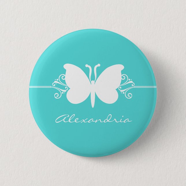 Badge Rond 5 Cm Bouton Tourbillon Papillon Turquoise (Devant)