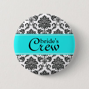 Badge Rond 5 Cm Bouton Turquoise Damask Bride's Crew
