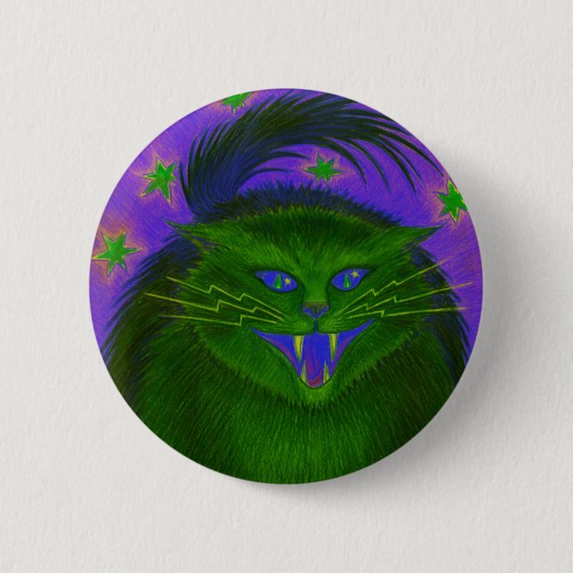 Badge Rond 5 Cm Bouton vert de chat effrayant (Devant)