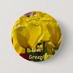 Badge Rond 5 Cm Bouton Vivez Vert ! Jaune Tulipe Rouge Fleurs bout