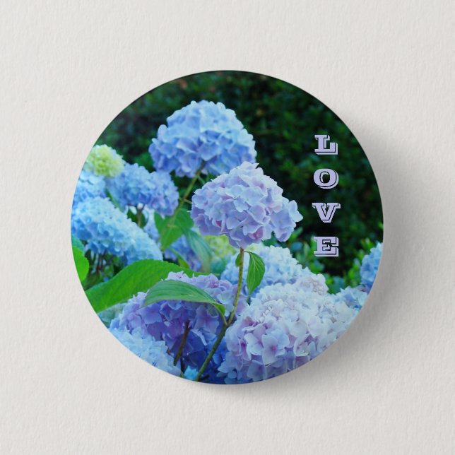 Badge Rond 5 Cm boutons AMOUR Fleurs d'Hydrangea Bleu Jardin (Devant)