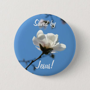 Badge Rond 5 Cm Boutons Sauvé par Jésus ! Magnolia Fleurs de Pâque