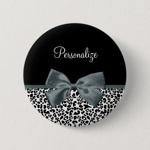 Badge Rond 5 Cm Bow gris Empreinte de léopard sophistiqué avec nom