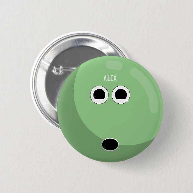 Badge Rond 5 Cm Bowling Ball w/ Your Name | Sage Green/White (Devant & derrière)