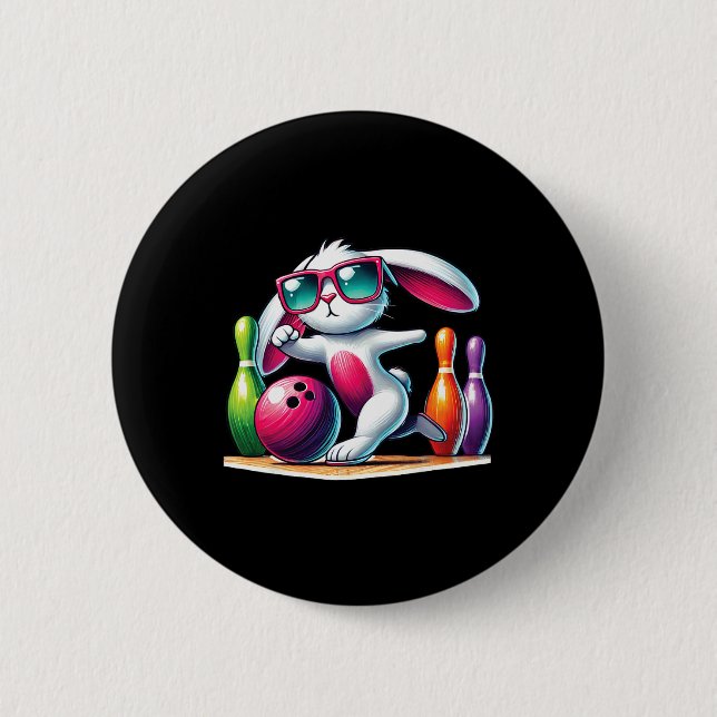 Badge Rond 5 Cm Bowling Byll And Pins Bunny Ear Egg Hunting Easter (Devant)