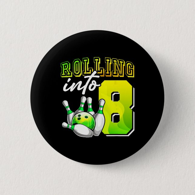 Badge Rond 5 Cm Bowling Party Rolling en 8 8e anniversaire filles  (Devant)